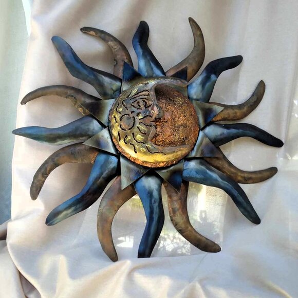Gorgeous Mixed Metals Handmade Celestial Sunburst & Half Moon Face Sculpture - Picture 5 of 12